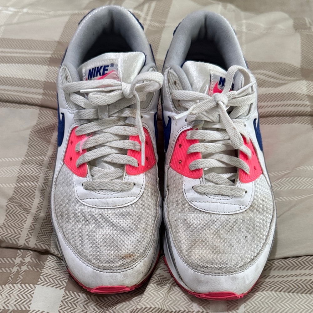 Nike White and Pink Air Max 90s Shoes